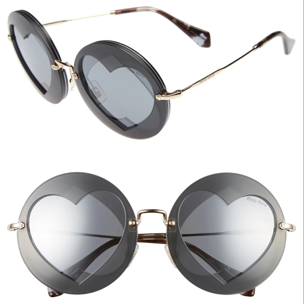 MIU MIU 62mm Layered Heart Round Sunglasses In Grey Mirror - NWOT - Picture 1 of 16